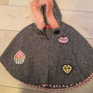 Betsy Johanson , Grey  and Pink Kids Hooded Cape with Fun Patches